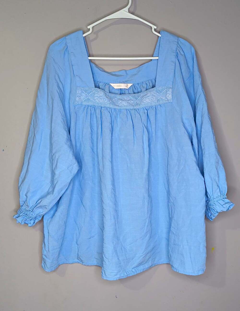 LC Lauren Conrad Women's XL Blue Solid Lace Woven Square Neck 3/4 Sleeve Blouse